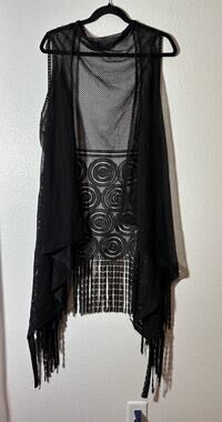 Sleeveless Black Lace Mesh Cardigan Vest Fringe Hem One Size Fashly K.
